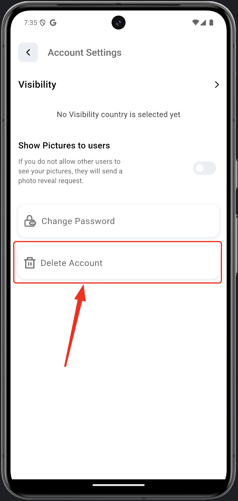 Press Delete Account button